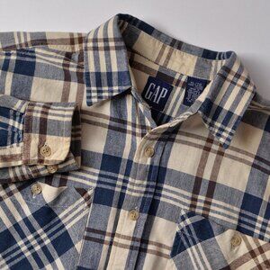 Vintage Gap Boys XL Plaid Long Sleeve Button Up Shirt Blue Tan Brown